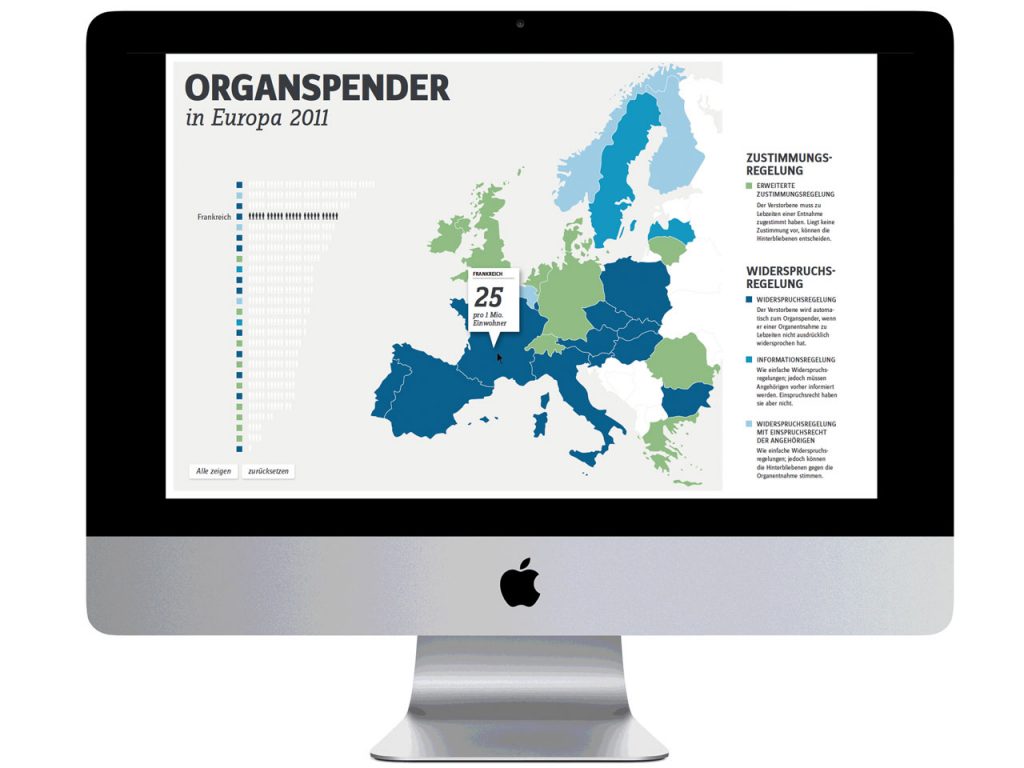 Organspende, Karte mit Regelungen in Europa